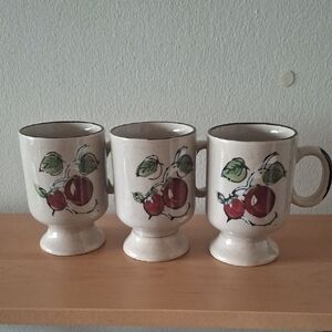 Vintage Stoneware Pedistal fluted ceramic mug Floral Fruit Mugs x 3